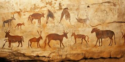 AI Generated. AI Generative. Primitive historical stone cave wall drawing art of animals hunting. Graphic Art photo