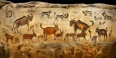 AI Generated. AI Generative. Primitive historical stone cave wall drawing art of animals hunting. Graphic Art photo