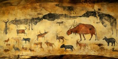 AI Generated. AI Generative. Primitive historical stone cave wall drawing art of animals hunting. Graphic Art photo