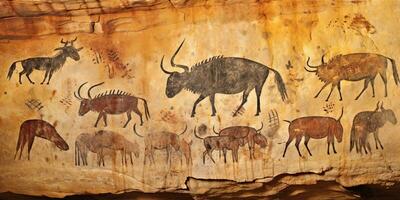 AI Generated. AI Generative. Primitive historical stone cave wall drawing art of animals hunting. Graphic Art photo