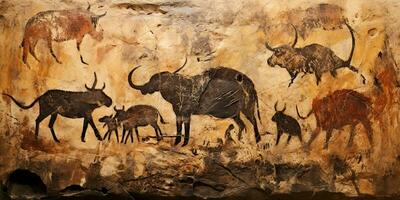 AI Generated. AI Generative. Primitive historical stone cave wall drawing art of animals hunting. Graphic Art photo