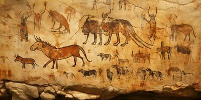 AI Generated. AI Generative. Primitive historical stone cave wall drawing art of animals hunting. Graphic Art photo