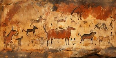 AI Generated. AI Generative. Primitive historical stone cave wall drawing art of animals hunting. Graphic Art photo