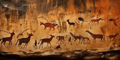 AI Generated. AI Generative. Primitive historical stone cave wall drawing art of animals hunting. Graphic Art photo