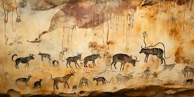 AI Generated. AI Generative. Primitive historical stone cave wall drawing art of animals hunting. Graphic Art photo