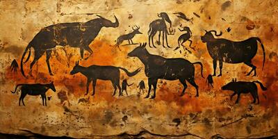 AI Generated. AI Generative. Primitive historical stone cave wall drawing art of animals hunting. Graphic Art photo