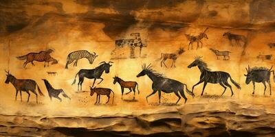 AI Generated. AI Generative. Primitive historical stone cave wall drawing art of animals hunting. Graphic Art photo