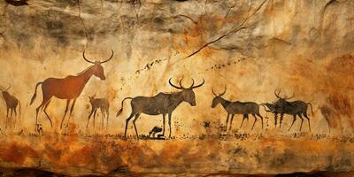 ai generado. ai generativo. primitivo histórico Roca cueva pared dibujo Arte de animales caza. gráfico Arte foto