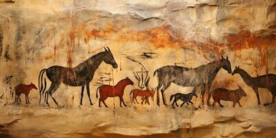 AI Generated. AI Generative. Primitive historical stone cave wall drawing art of animals hunting. Graphic Art photo