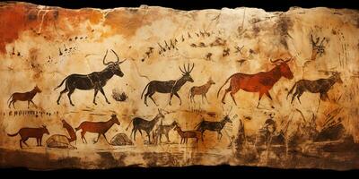 AI Generated. AI Generative. Primitive historical stone cave wall drawing art of animals hunting. Graphic Art photo