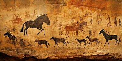 AI Generated. AI Generative. Primitive historical stone cave wall drawing art of animals hunting. Graphic Art photo