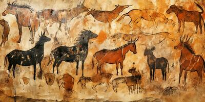 AI Generated. AI Generative. Primitive historical stone cave wall drawing art of animals hunting. Graphic Art photo