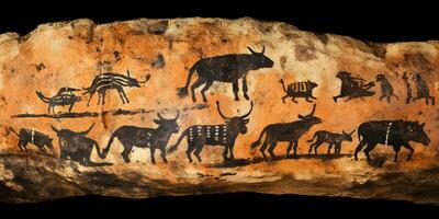 AI Generated. AI Generative. Primitive historical stone cave wall drawing art of animals hunting. Graphic Art photo