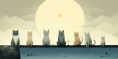 AI Generated. AI Generative. Vintage retro kids cartoon character cats sitting at moon and howling at night. Graphic Art photo