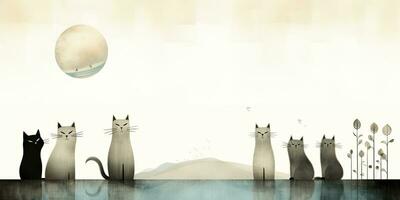 AI Generated. AI Generative. Vintage retro kids cartoon character cats sitting at moon and howling at night. Graphic Art photo