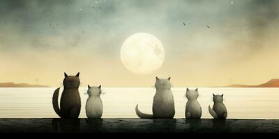 ai generado. ai generativo. Clásico retro niños dibujos animados personaje gatos sentado a Luna y clamoroso a noche. gráfico Arte foto