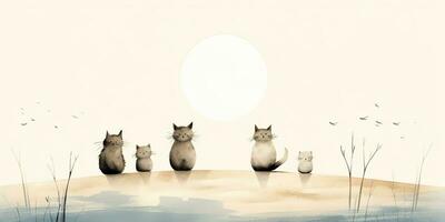 AI Generated. AI Generative. Vintage retro kids cartoon character cats sitting at moon and howling at night. Graphic Art photo