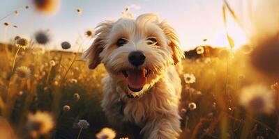 ai generado. ai generativo. al aire libre naturaleza campo prado mascota animal contento sonrisa perro retrato cara corriendo gracioso amigo. gráfico Arte foto
