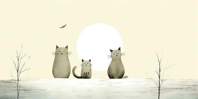 AI Generated. AI Generative. Vintage retro kids cartoon character cats sitting at moon and howling at night. Graphic Art photo