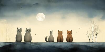 AI Generated. AI Generative. Vintage retro kids cartoon character cats sitting at moon and howling at night. Graphic Art photo