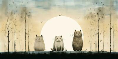 AI Generated. AI Generative. Vintage retro kids cartoon character cats sitting at moon and howling at night. Graphic Art photo