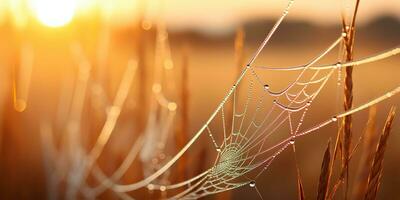 ai generado. ai generativo. Brillo Solar spoderweb araña web a campo prado heno césped. naturaleza al aire libre fauna silvestre. gráfico Arte foto