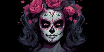 ai generado. ai generativo. muertos mexicano latín día de el muerto fiesta carnaval mujer hacer arriba azúcar cráneo rostro. gráfico Arte foto