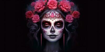ai generado. ai generativo. muertos mexicano latín día de el muerto fiesta carnaval mujer hacer arriba azúcar cráneo rostro. gráfico Arte foto