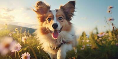 ai generado. ai generativo. al aire libre naturaleza campo prado mascota animal contento sonrisa perro retrato cara corriendo gracioso amigo. gráfico Arte foto