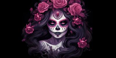 AI Generated. AI Generative. Muertos Mexican latin day of the dead holiday carnival woman make up sugar skull face. Graphic Art photo