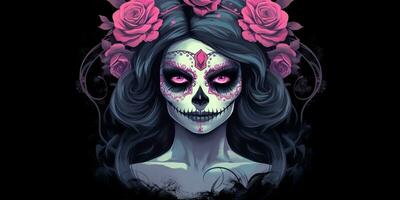 AI Generated. AI Generative. Muertos Mexican latin day of the dead holiday carnival woman make up sugar skull face. Graphic Art photo