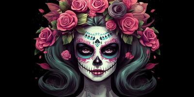 ai generado. ai generativo. muertos mexicano latín día de el muerto fiesta carnaval mujer hacer arriba azúcar cráneo rostro. gráfico Arte foto