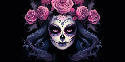 ai generado. ai generativo. muertos mexicano latín día de el muerto fiesta carnaval mujer hacer arriba azúcar cráneo rostro. gráfico Arte foto
