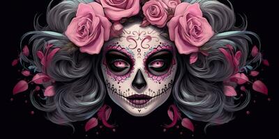 AI Generated. AI Generative. Muertos Mexican latin day of the dead holiday carnival woman make up sugar skull face. Graphic Art photo