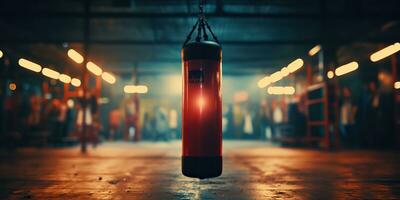 AI Generated. AI Generative. Dark vintage retro old gym boxing bag fitness sport martial arts room interior. Graphic Art photo