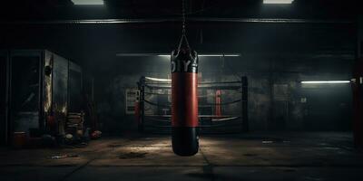 ai generado. ai generativo. oscuro Clásico retro antiguo gimnasio boxeo bolso aptitud deporte marcial letras habitación interior. gráfico Arte foto