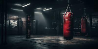 ai generado. ai generativo. oscuro Clásico retro antiguo gimnasio boxeo bolso aptitud deporte marcial letras habitación interior. gráfico Arte foto