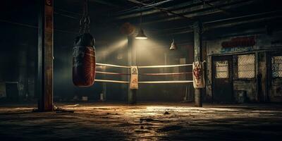 AI Generated. AI Generative. Dark vintage retro old gym boxing bag fitness sport martial arts room interior. Graphic Art photo