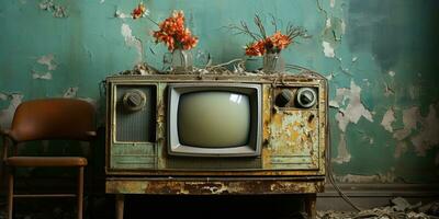 AI Generated. AI Generative. Vintafe retro old antique tv televison box close to the wall background. Graphic Art photo