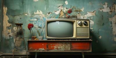 ai generado. ai generativo. vino retro antiguo antiguo televisión televison caja cerca a el pared antecedentes. gráfico Arte foto