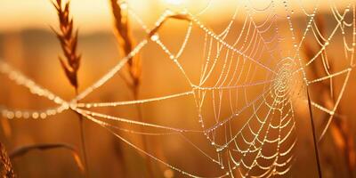 ai generado. ai generativo. Brillo Solar spoderweb araña web a campo prado heno césped. naturaleza al aire libre fauna silvestre. gráfico Arte foto