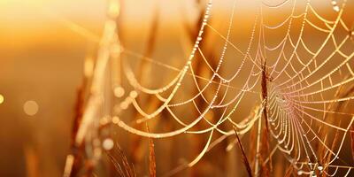 AI Generated. AI Generative. Sunshine spoderweb spider web at field meadow hay grass. Nature outdoor wildlife. Graphic Art photo