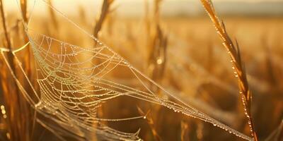 AI Generated. AI Generative. Sunshine spoderweb spider web at field meadow hay grass. Nature outdoor wildlife. Graphic Art photo