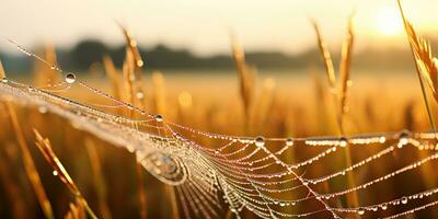 AI Generated. AI Generative. Sunshine spoderweb spider web at field meadow hay grass. Nature outdoor wildlife. Graphic Art photo