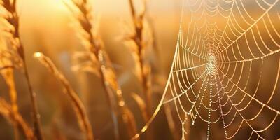 AI Generated. AI Generative. Sunshine spoderweb spider web at field meadow hay grass. Nature outdoor wildlife. Graphic Art photo