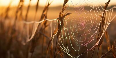 AI Generated. AI Generative. Sunshine spoderweb spider web at field meadow hay grass. Nature outdoor wildlife. Graphic Art photo