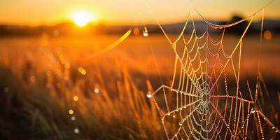 AI Generated. AI Generative. Sunshine spoderweb spider web at field meadow hay grass. Nature outdoor wildlife. Graphic Art photo