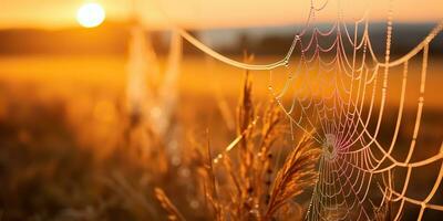 AI Generated. AI Generative. Sunshine spoderweb spider web at field meadow hay grass. Nature outdoor wildlife. Graphic Art photo