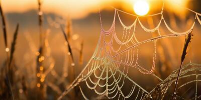 AI Generated. AI Generative. Sunshine spoderweb spider web at field meadow hay grass. Nature outdoor wildlife. Graphic Art photo