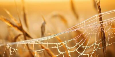 AI Generated. AI Generative. Sunshine spoderweb spider web at field meadow hay grass. Nature outdoor wildlife. Graphic Art photo